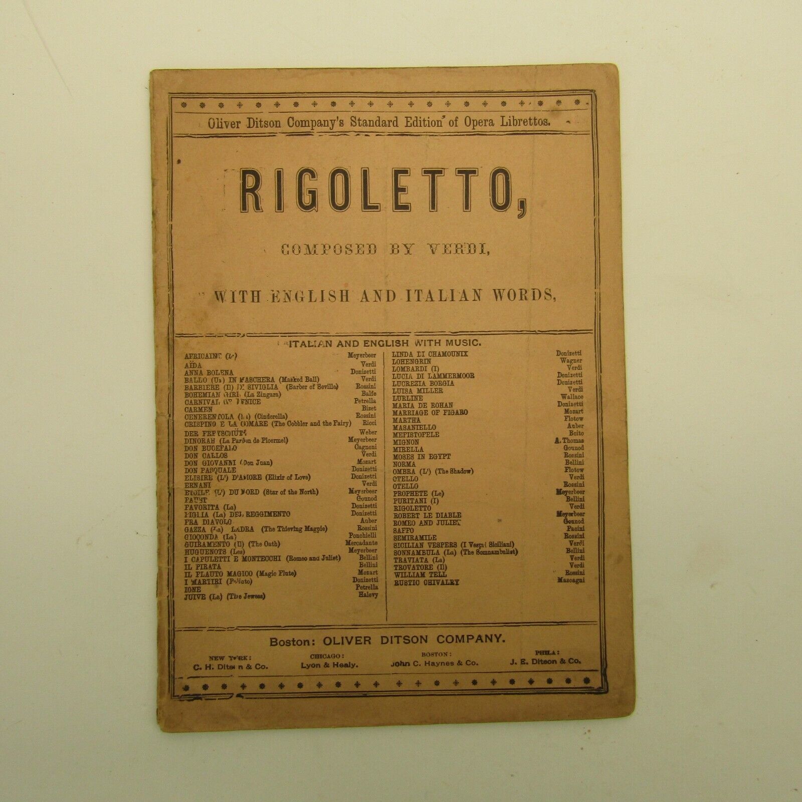 Antique Vintage Verdi\'s Opera Rigoletto Words Italian English Oliver Ditson 