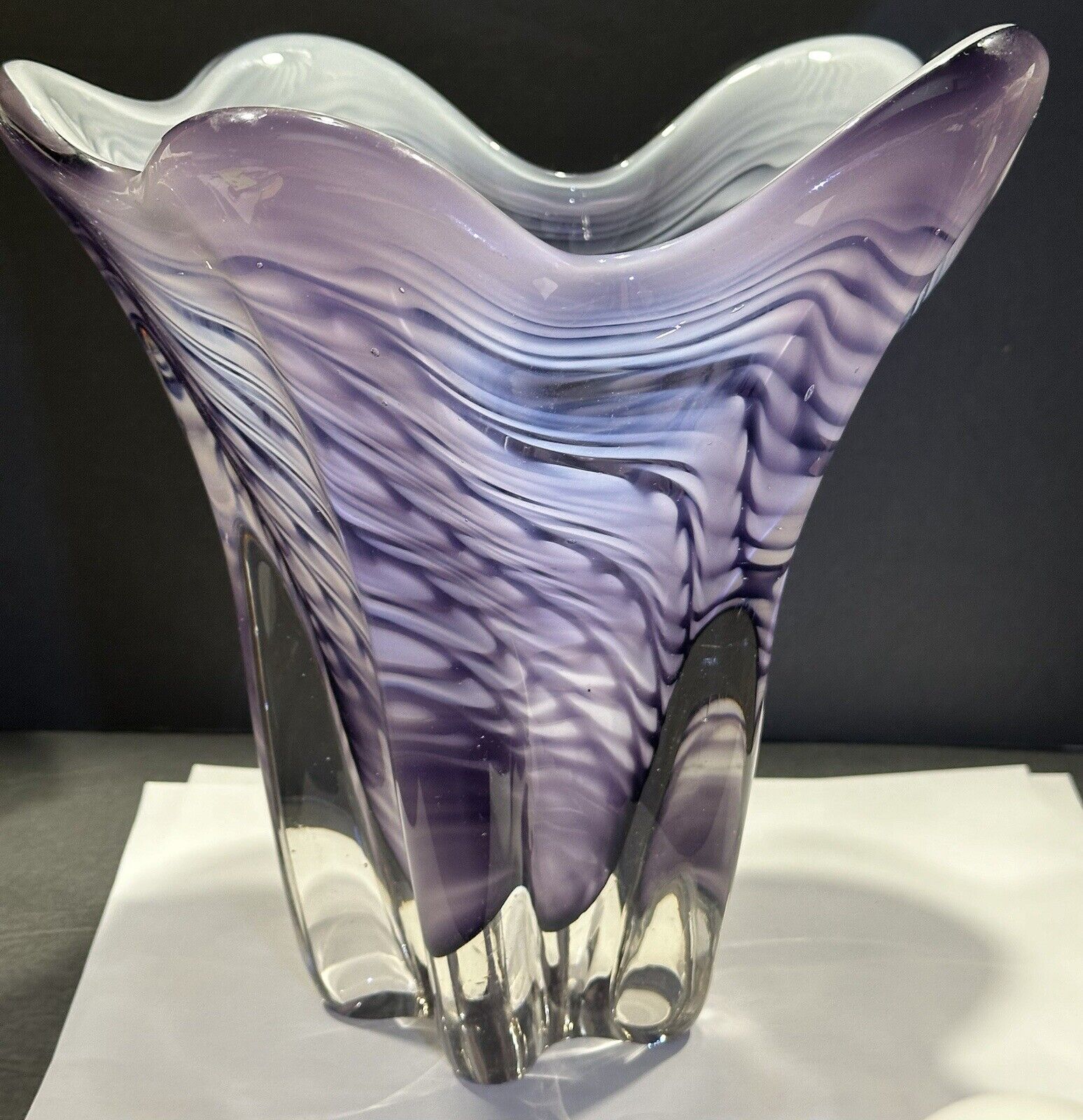 Art Deco Glass Vase Handkerchief Ruffle Unmarked Murano Style Purple White 9-10”