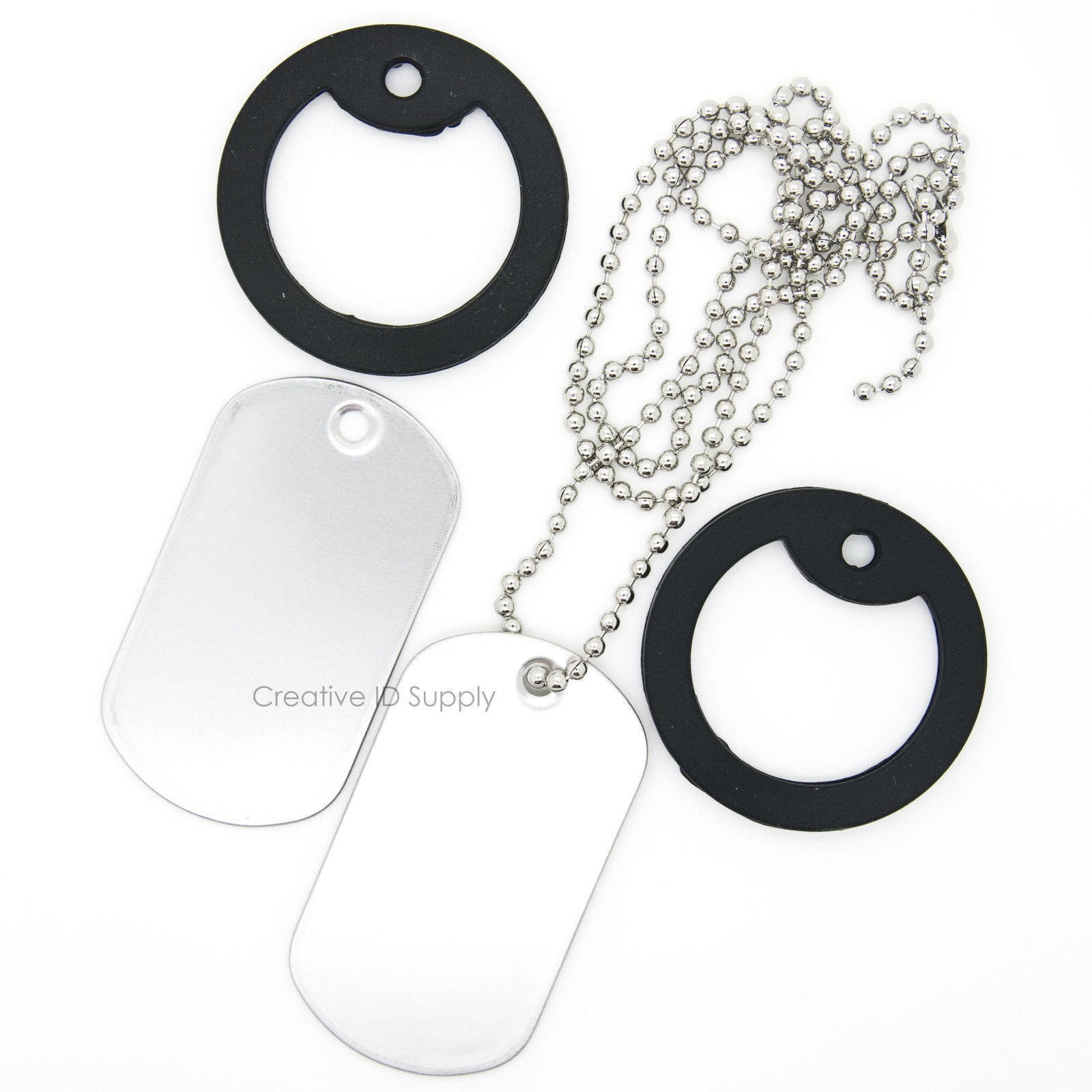 500 MATTE STAINLESS STEEL DOG TAGS, S/S BALL CHAIN NECKLACE, SILENCER REPAIR KIT