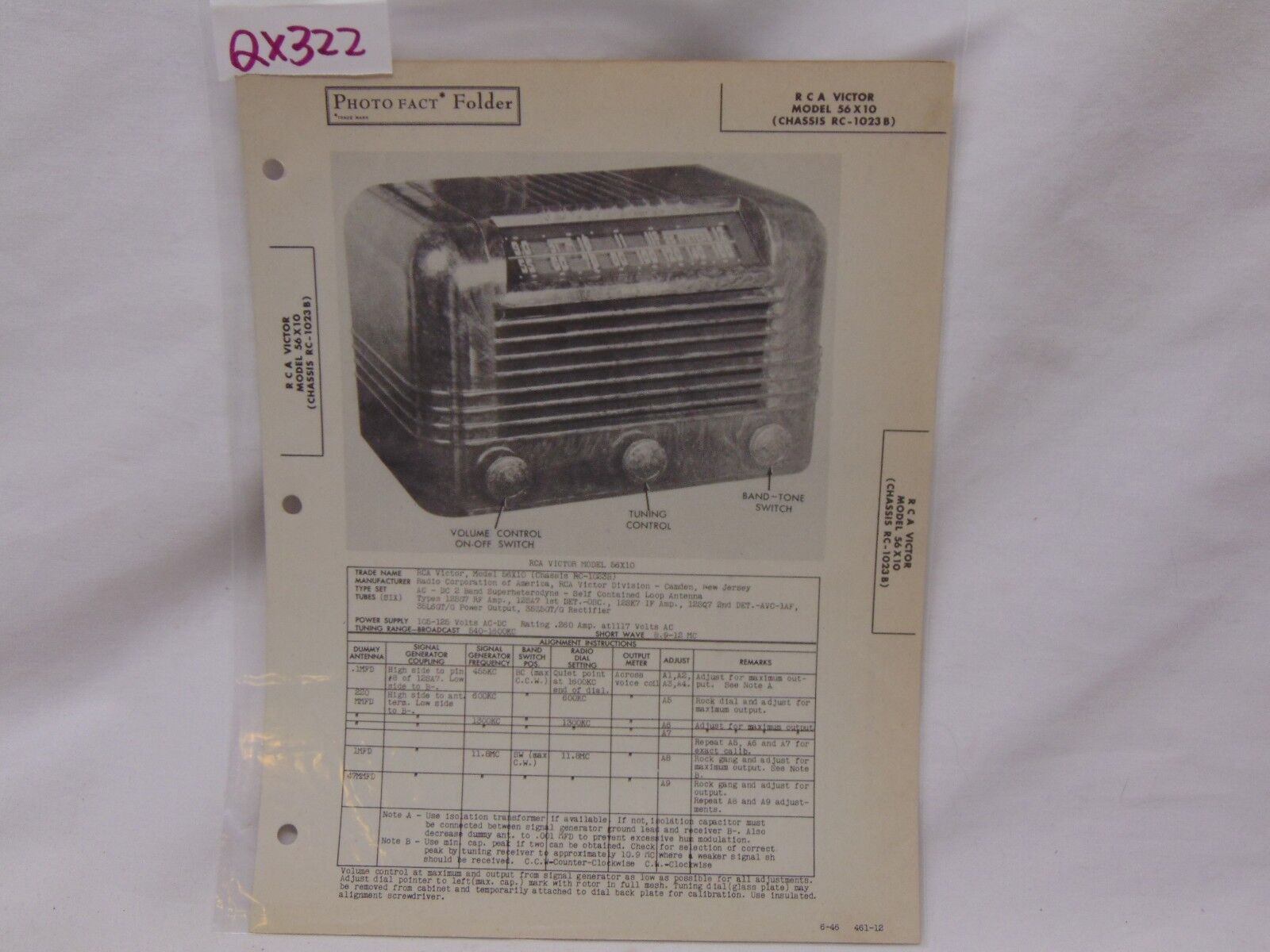  SAMS PHOTOFACT FOLDER MANUAL & SCHEMATIC RCA VICTOR RADIO 56X10 CH. RC-1023B