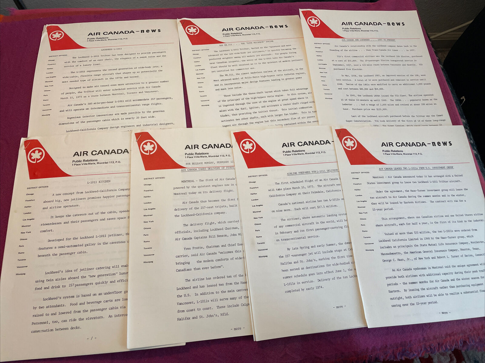 Air Canada airline 1973 press kit news release sheets for the  L-1011  -lot of 8