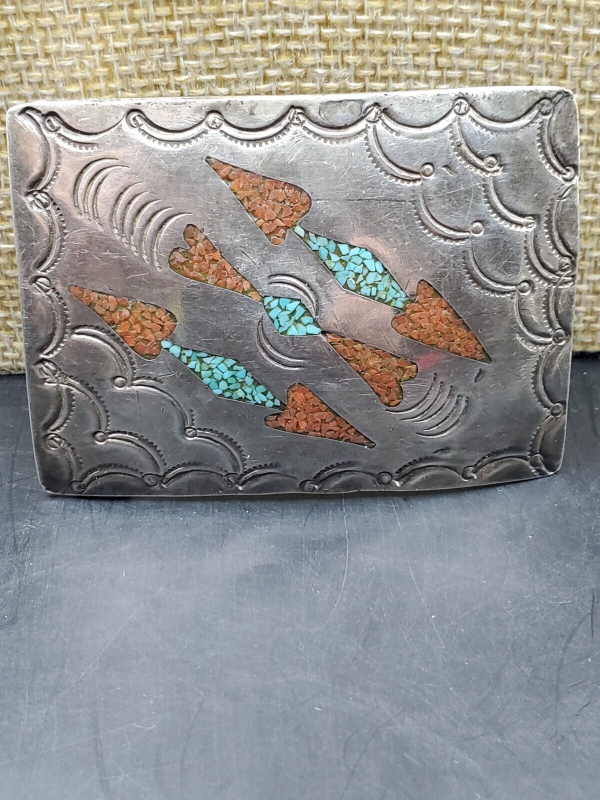 Vintage Jerry Johnson Silver, Turquoise & Coral In Lay Belt Buckle,  It's Signed