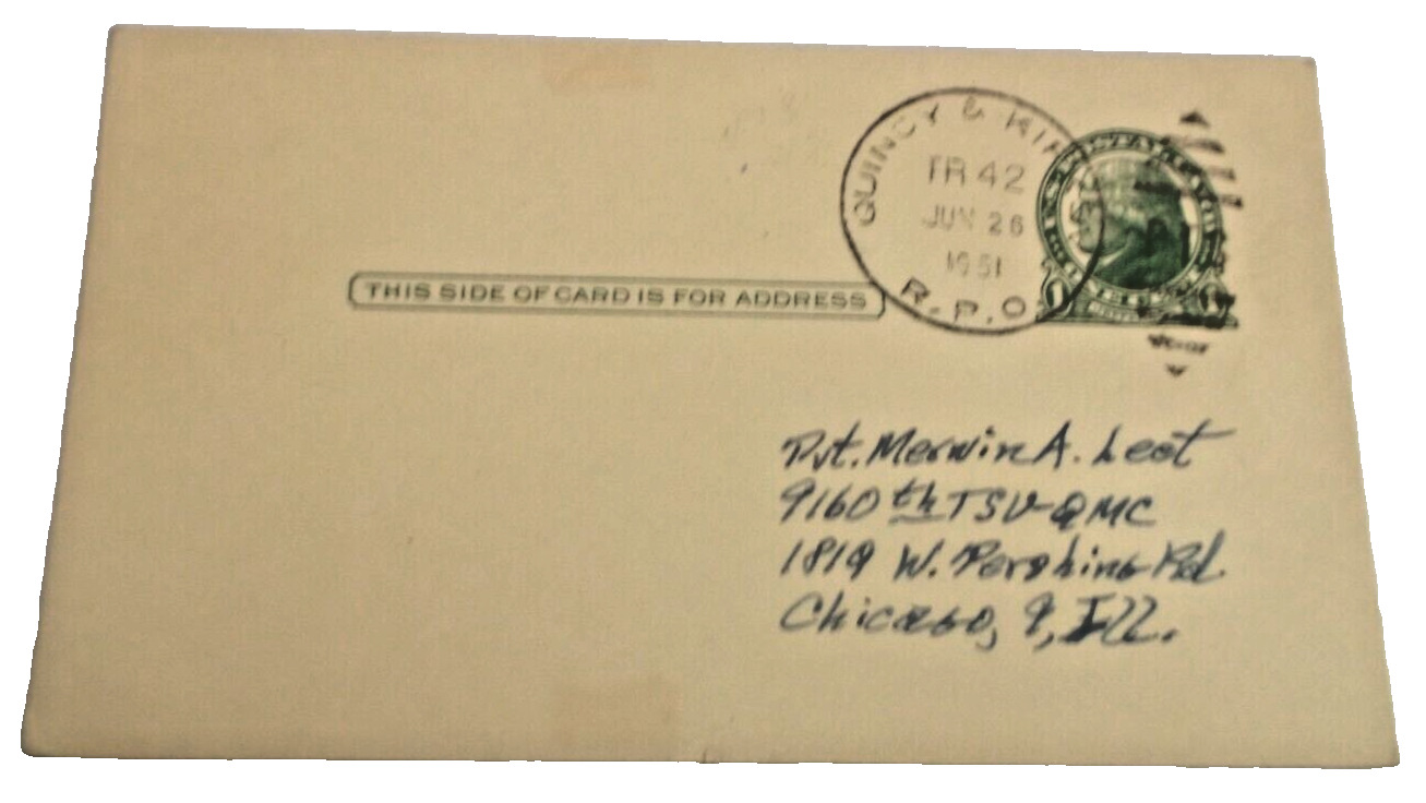 1951 CHICAGO BURLINGTON & QUINCY CB&Q QUINCY & KIRKSVILLE RPO TRAIN #42 CARD