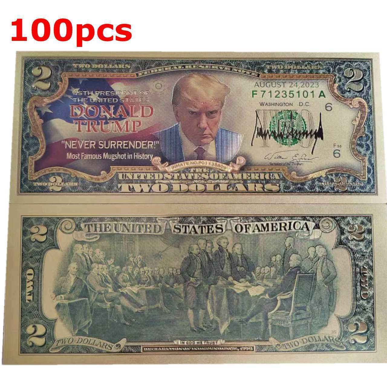 100pcs 2024 Donald Trump $2 Novelty Gold Foil Dollar Bill Trump Never Surrender
