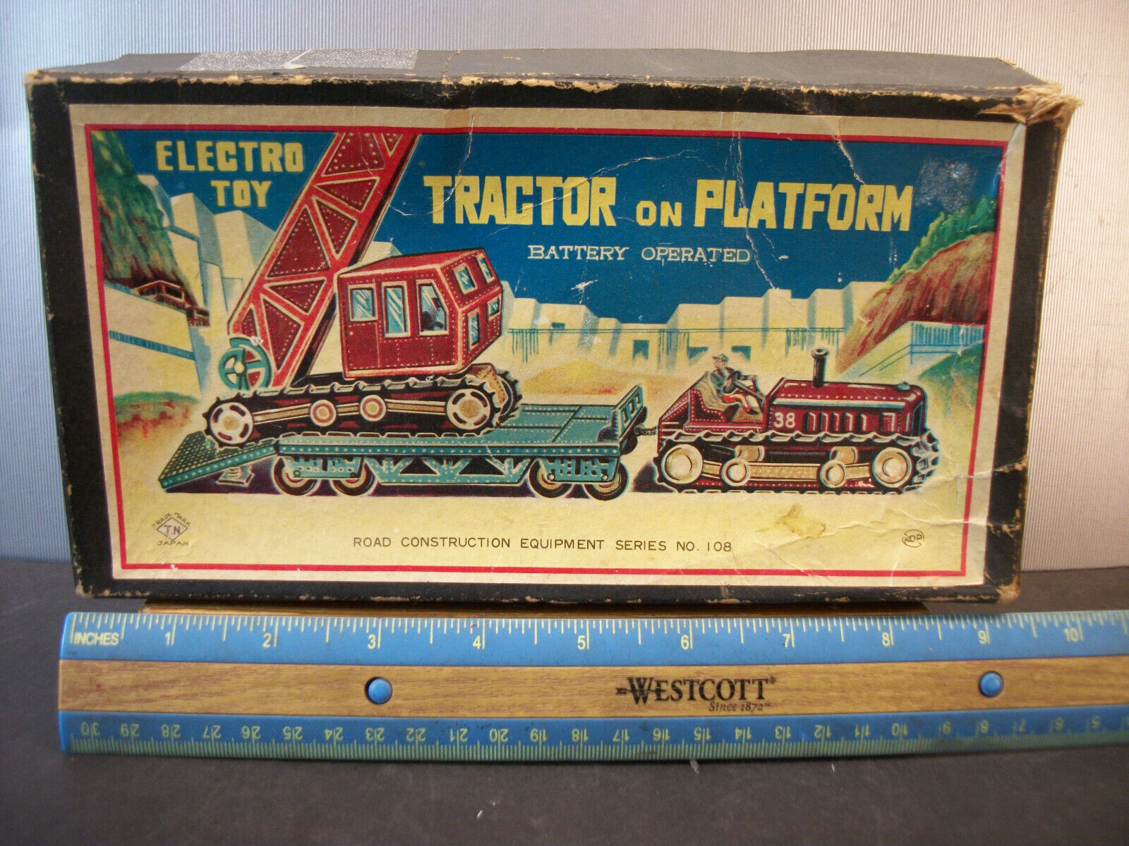 VINTAGE NOMURA ELECTRO TOY TRACTOR ON PLATFORM ROAD CONSTRUCTION #108 BOX ONLY