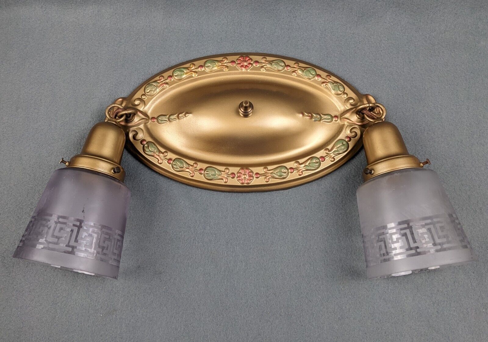 Antique Ceiling Light Fixture, 1920\'s - 30\'s, Restored, Greek Key Glass Shades
