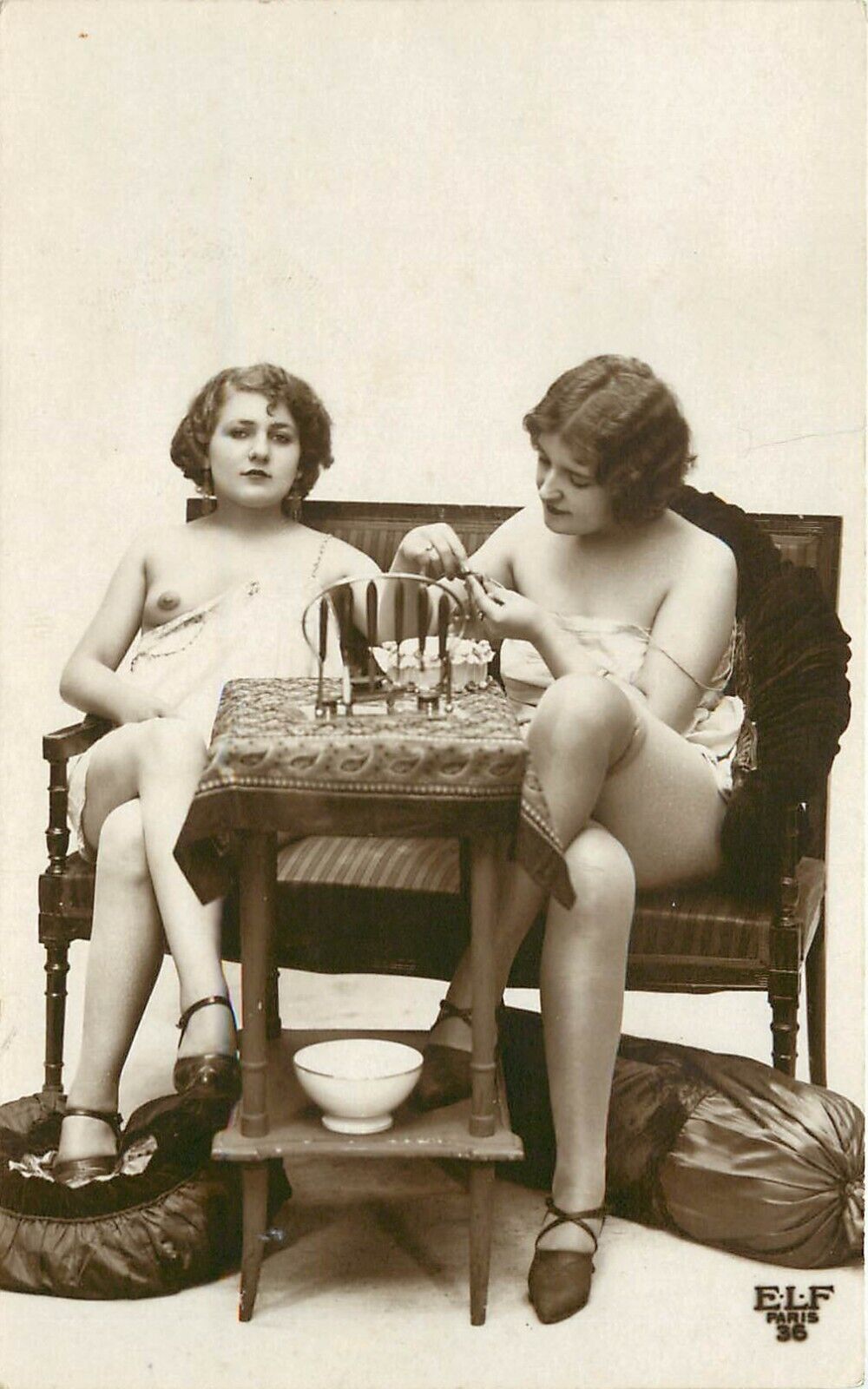 c1920s French RPPC Postcard; 2 Partially Nude Women on Settee, ELF Paris 36