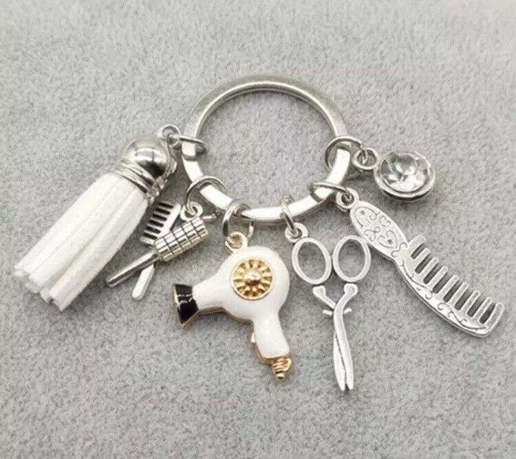 Brand New Cute Hair Stylist Dresser Shears & Comb White Tassel Silver Keychain