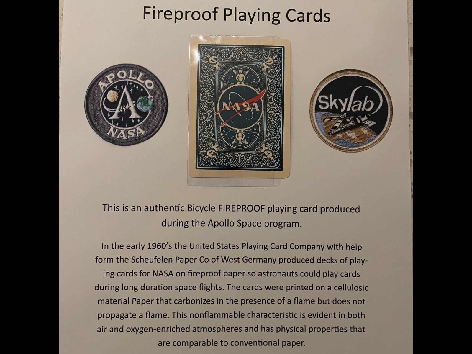 Apollo era Fireproof Playing Card from NASA