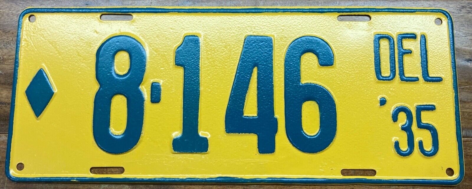 STRAIGHT, ROCK SOLID, REPAINTED 1935 DELAWARE LICENSE PLATE, LOW NUMBER 8 146