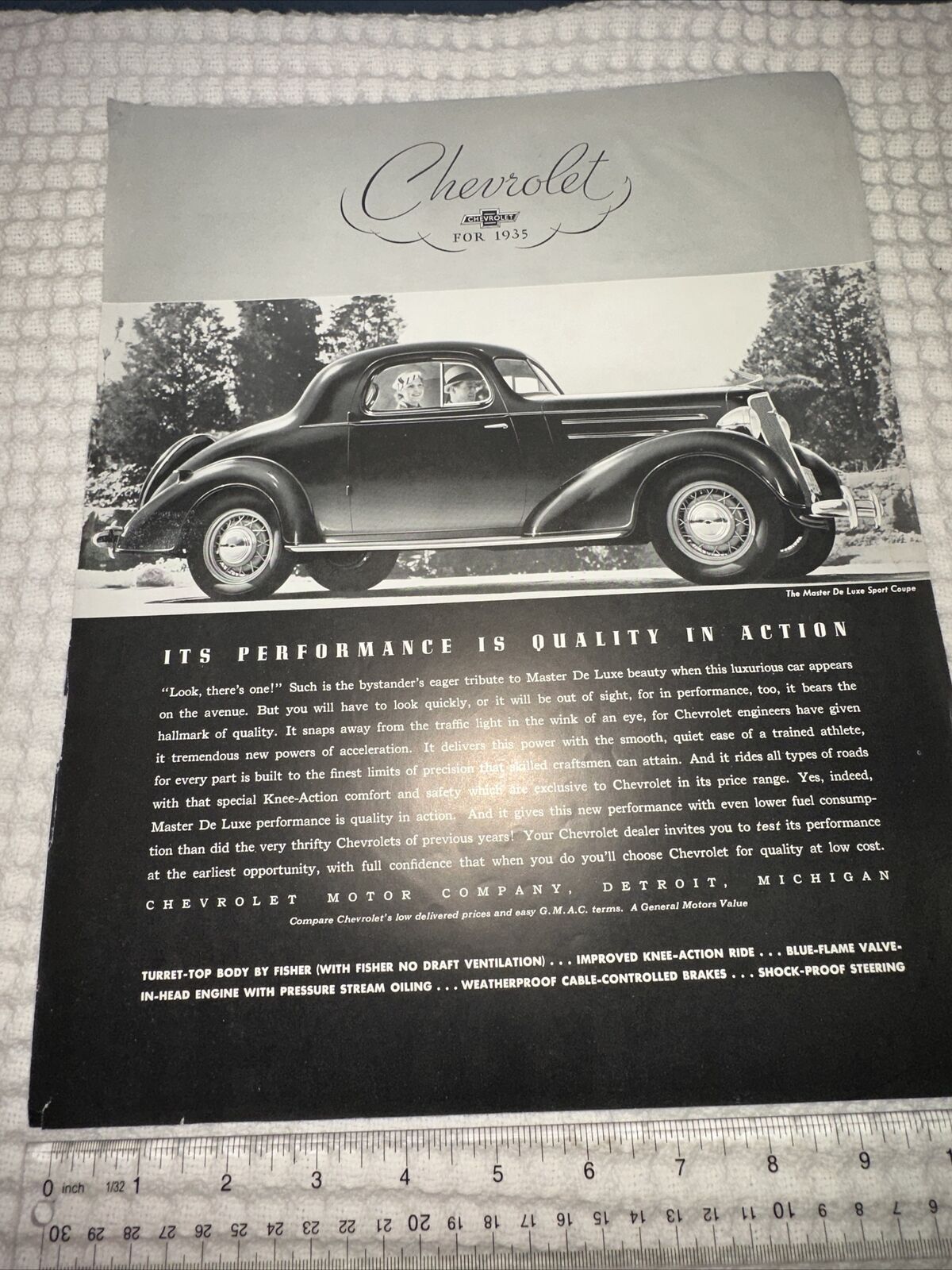 1935 ( PRINT AD )  Chevrolet Master De Luxe Sport Coup 11 X 13” Approx.