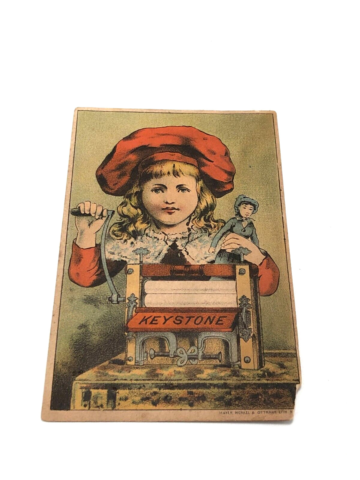 Vintage Keystone Wringer Advertising Trade Card Girl With Doll Doing Laundry