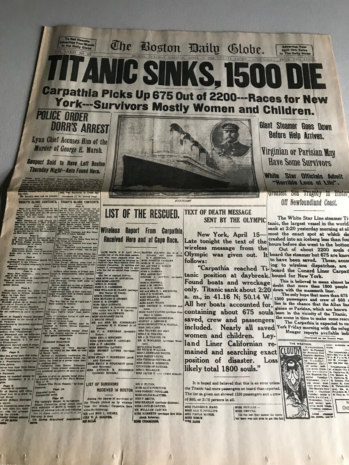 April 16, 1912 reprint Newspaper SINKING OF TITANIC, incredible content Replica