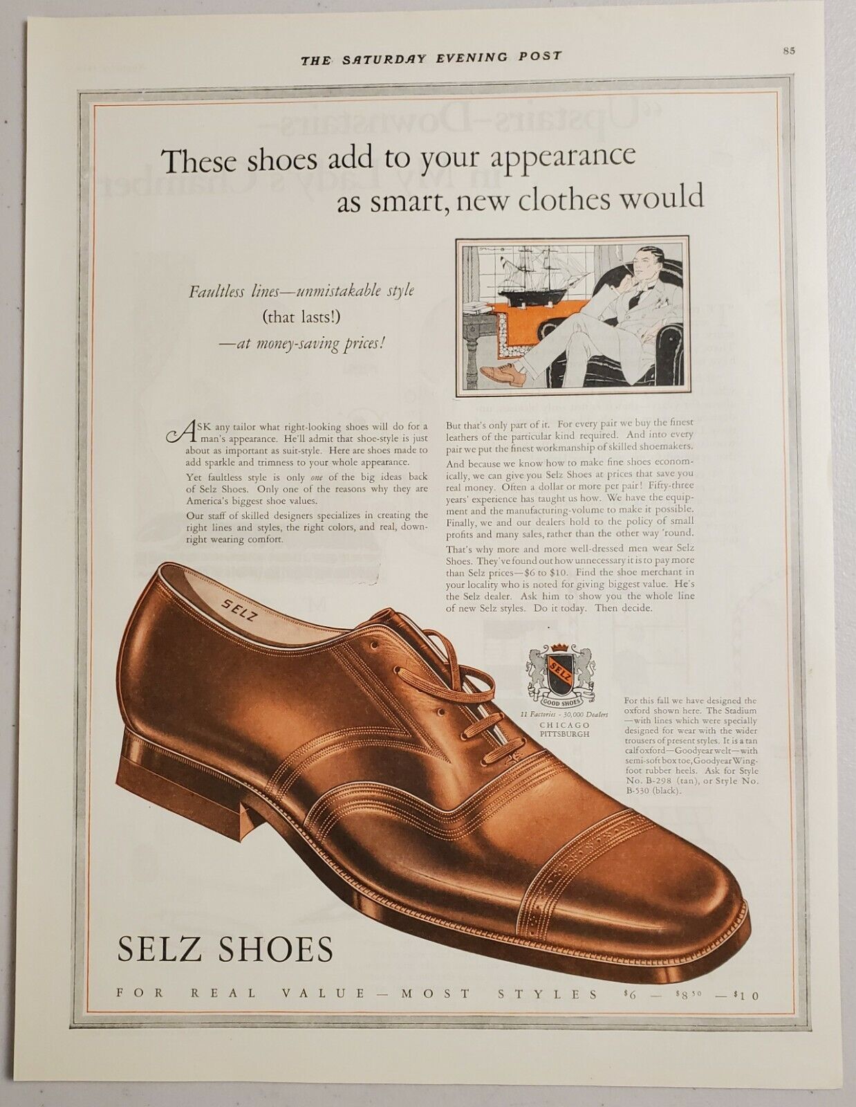 1924 Print Ad Selz Men\'s Shoes Dapper Man Chicago,Il Pittsburgh,PA