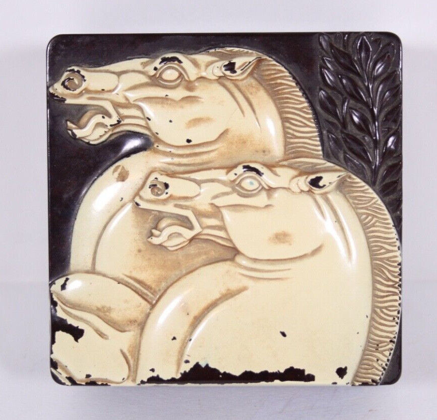 Hickok Vtg Art Deco Bakelite Plastic 4” Brown Warrior 3 Horses Jewelry Valet Box