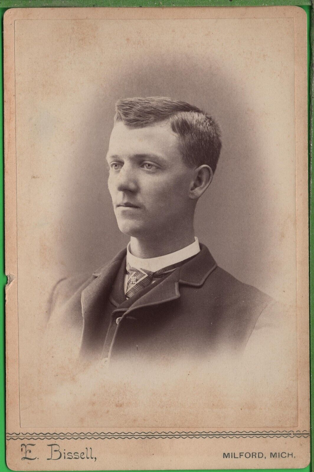 Antique Cabinet Card Photograph Perfectly perfectly coiffed Young Man Milford MI