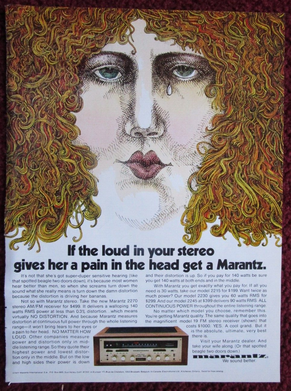 1971 MARANTZ Model 2270 Stereo AM/FM Receiver Print Ad ~ Hippie Head Pain ART