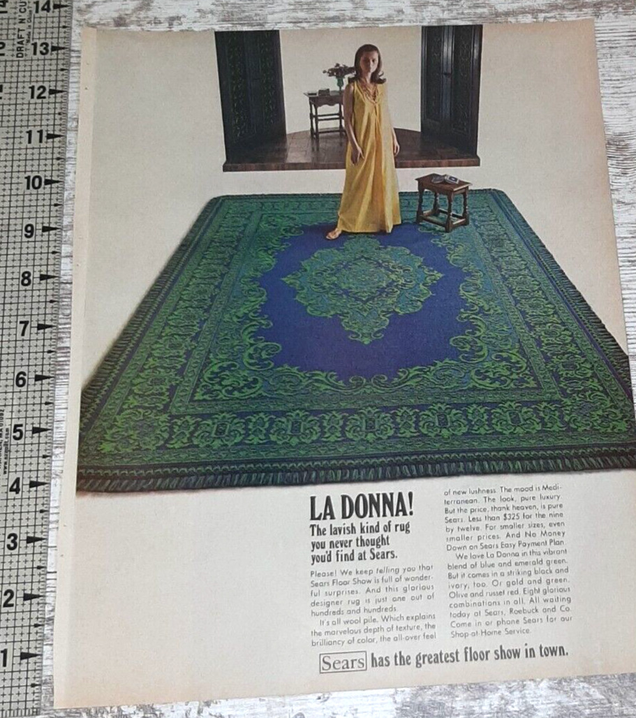 1968 Sears Roebuck Vintage Print Ad Carpet Rugs Mediterranean Wool Pretty Lady
