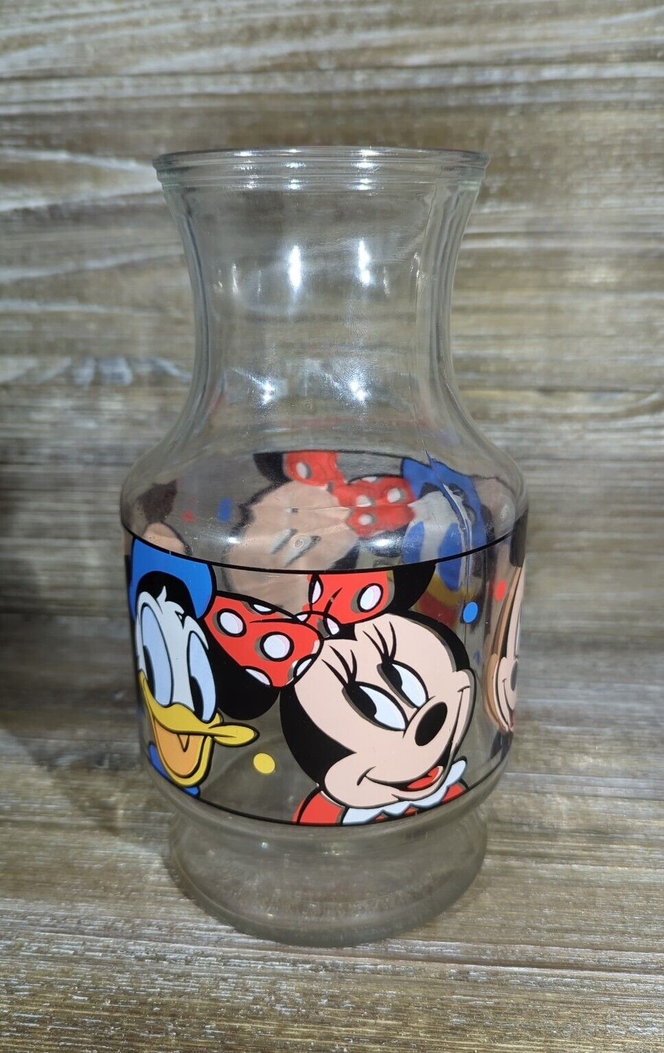 Vintage Disney Mickey, Minnie & Donald Glass Juice Container Bottle Carafe