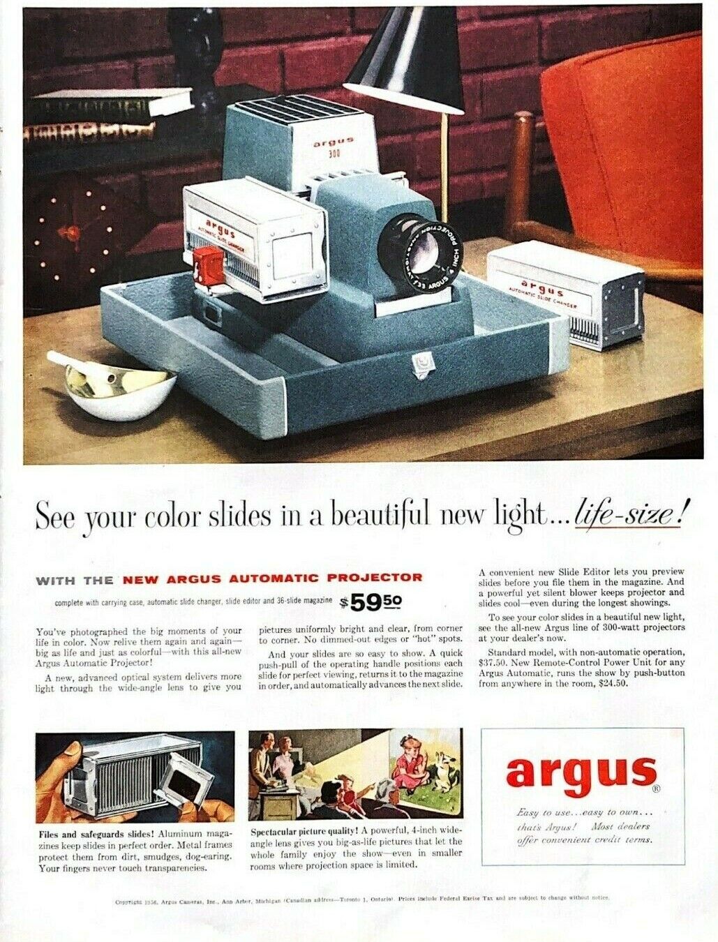 1956 Argus Projector Vintage Print Ad Color Slides Beautiful New Light Camera 