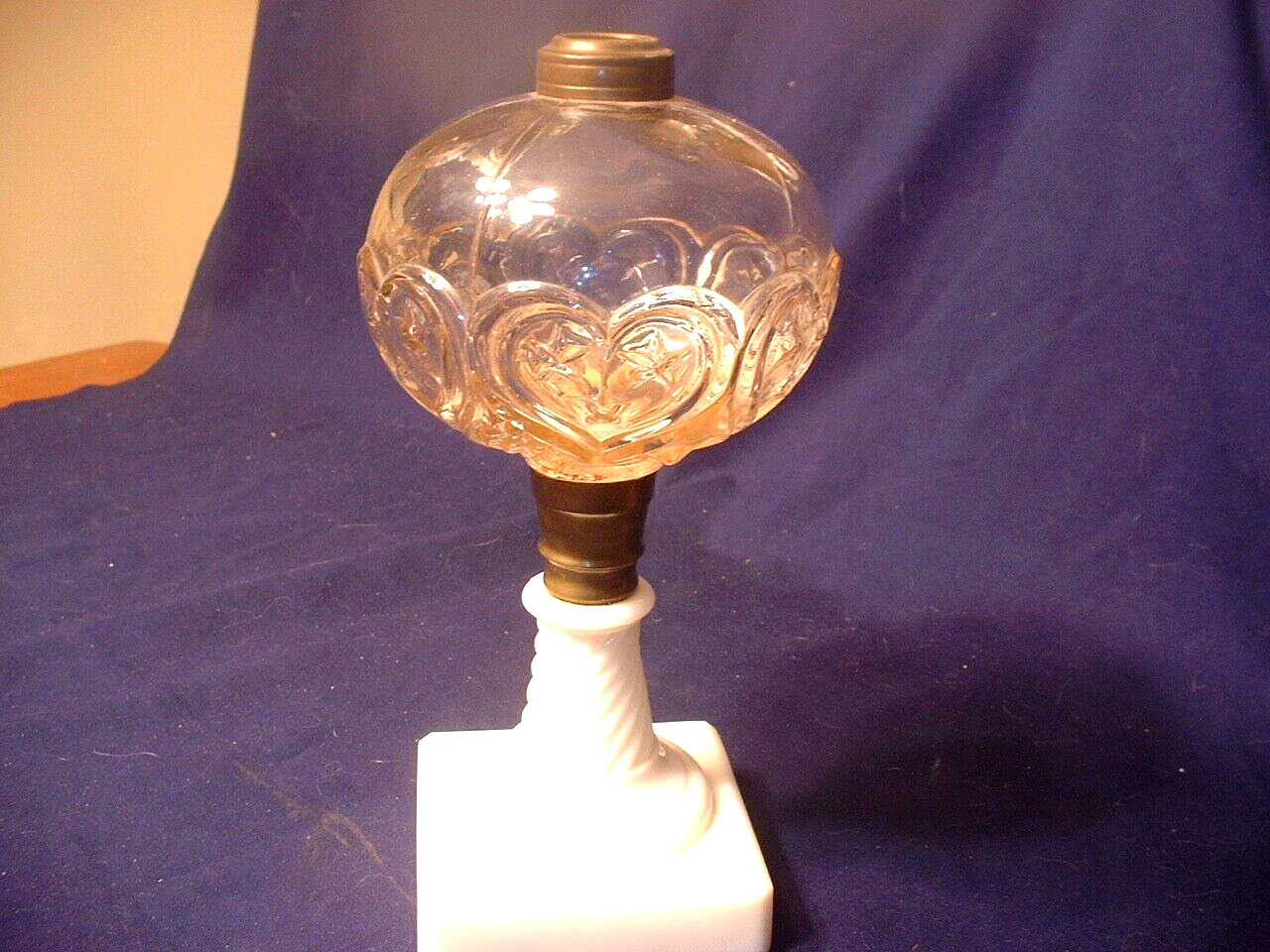 Antique HTF 19ThC EAPG Oil Lamp in the Hearts & Stars Pattern W/ Twisted Stem