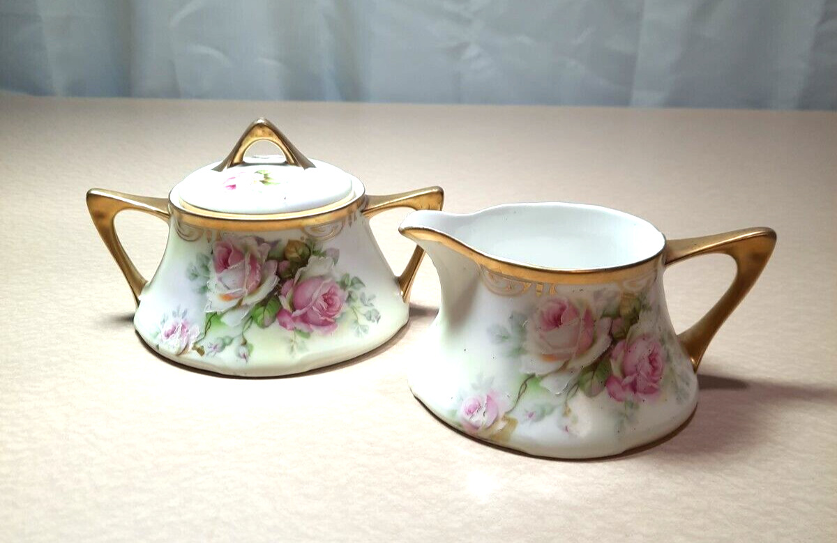 Royal Munich Z.S. And Co. Bavaria Porcelain Cream And Sugar Set With Pink Roses