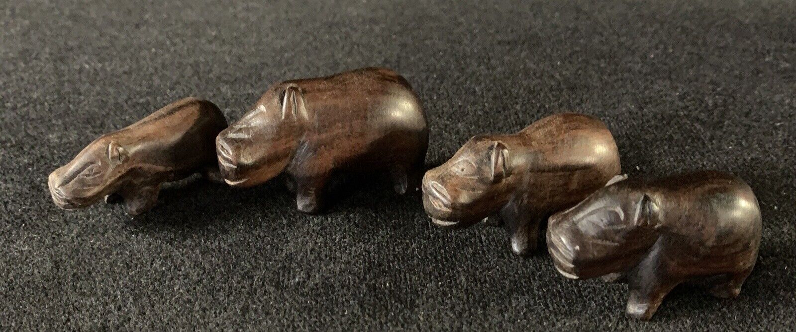 4 Vintage Hand Carved Hippos - Hippopotamus FINE WOOD CARVED Figures.