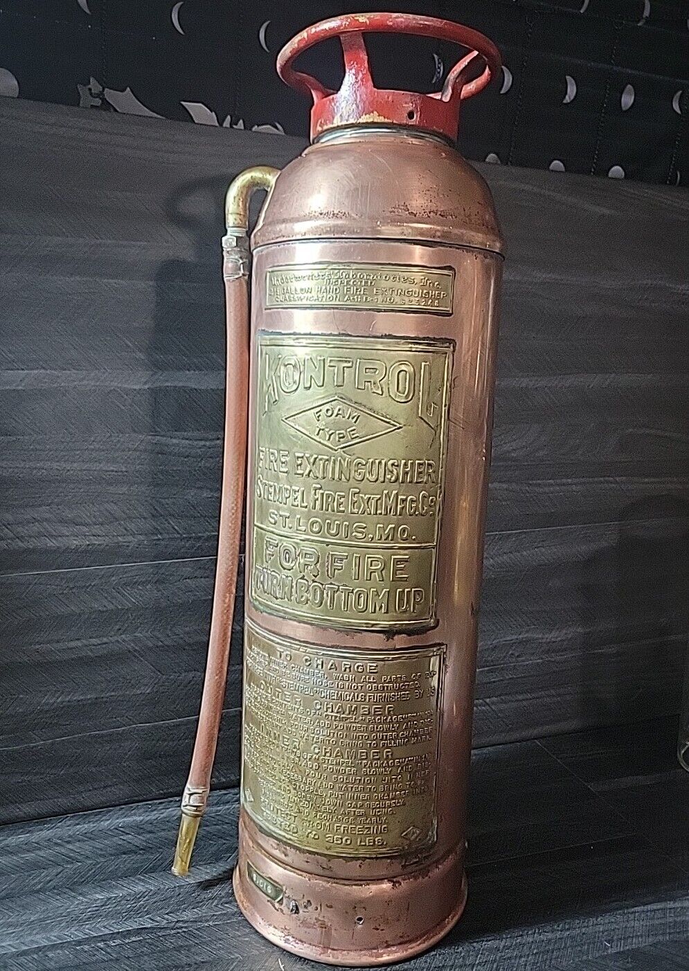 Antique KONTROL Fire Extinguisher Polished Copper Brass Empty Vintage Mancave