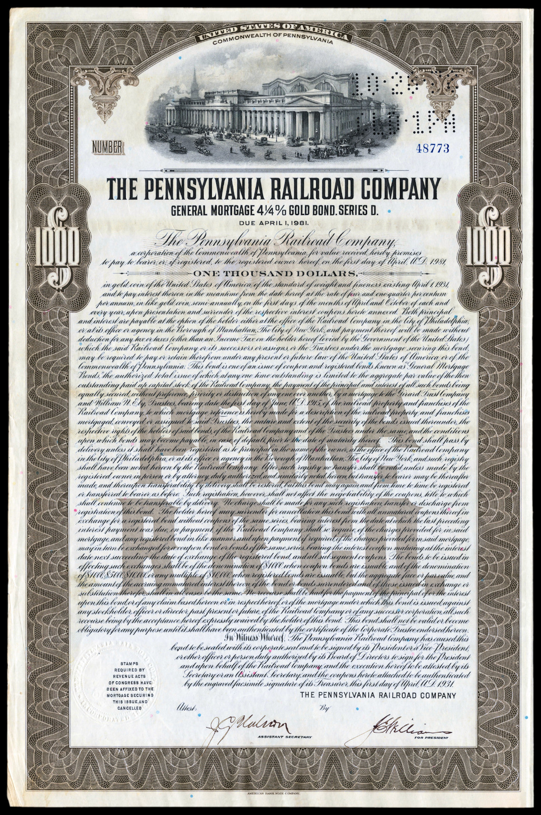 1931 Pennsylvania Railroad Great Depression Era $1000 50 Year Gold Coin Bond VG+