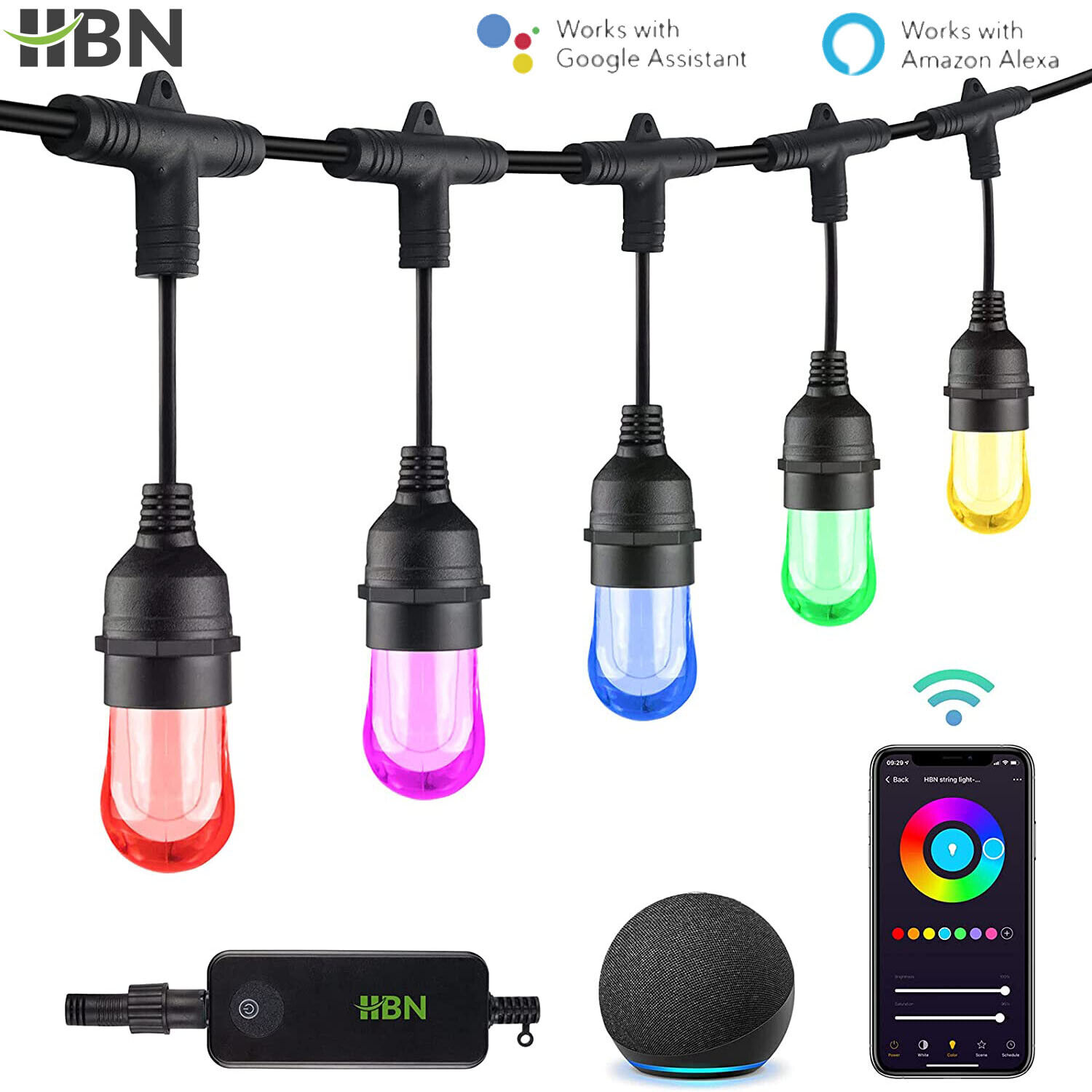 HBN 24ft Outdoor Christmas RGBW-Smart String Lights Works with Alexa/Google Home