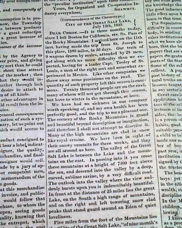 MORMONS Mormonism Salt Lake City Utah Creation & Calif. Gold Rush 1849 Newspaper