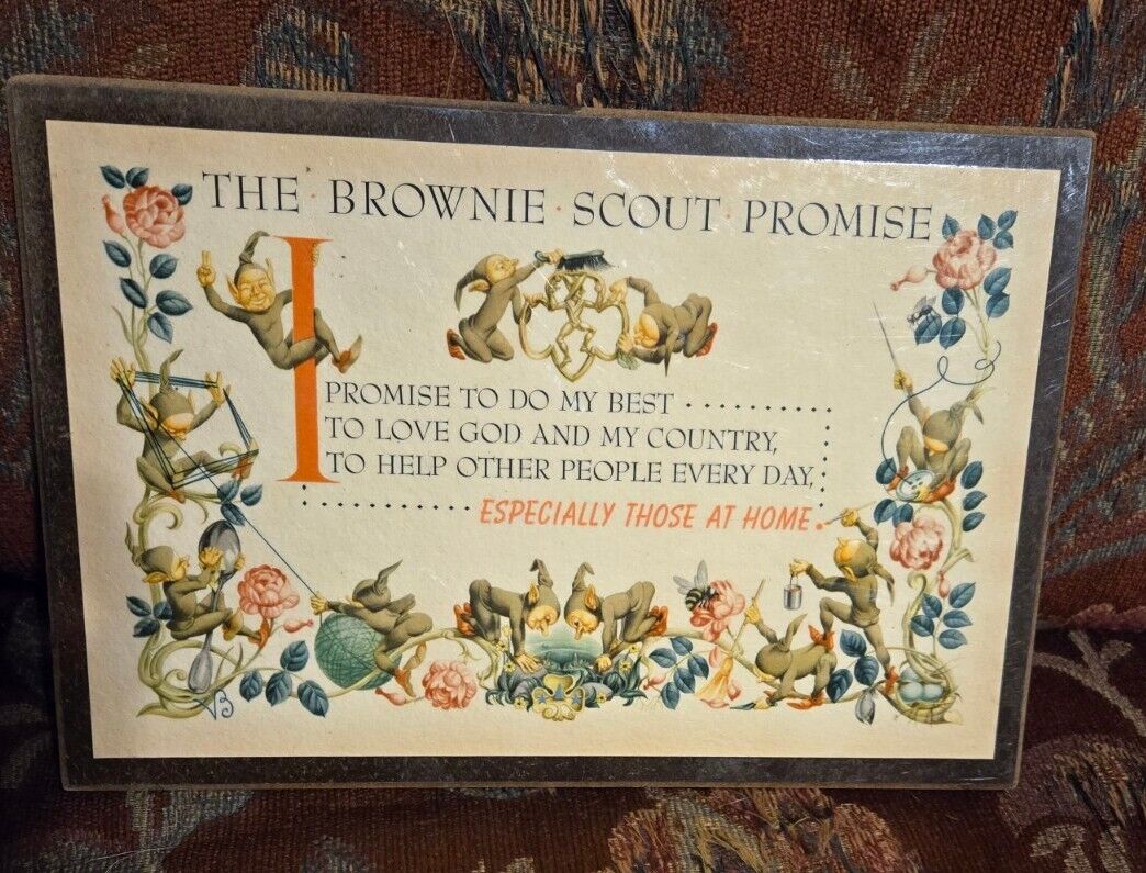 Vintage Brownie Scout Promise Plaque 1950's 12 X 8 Adorable Brownies Art