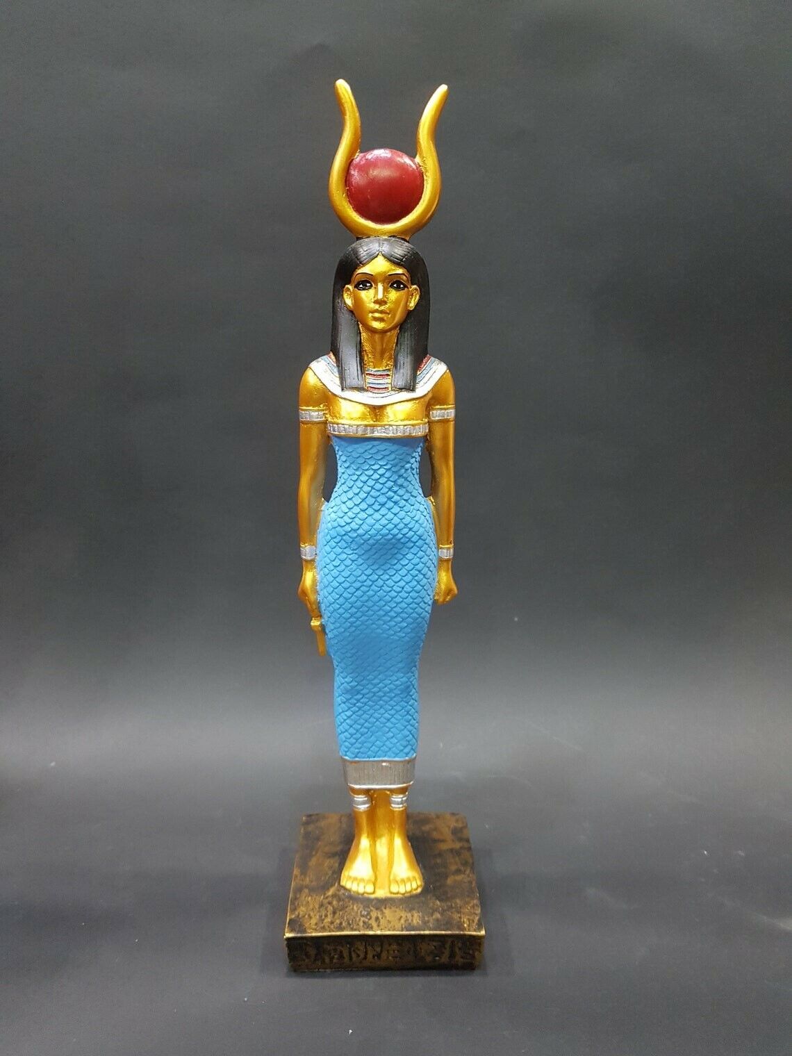 Amazing EGYPTIAN Light Blue Colored HATHOR wearing the sun and holding the ANKH