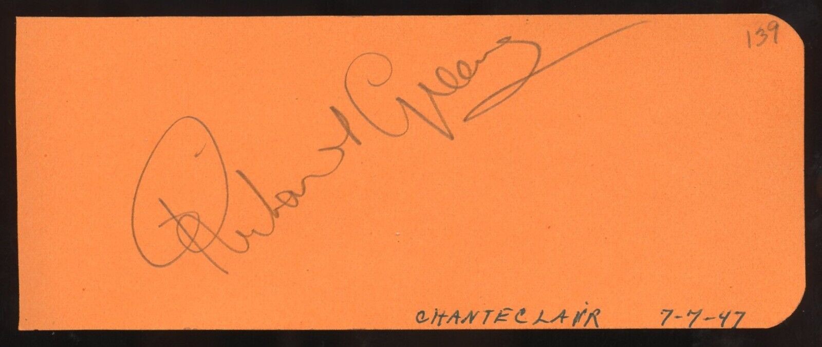 Richard Greene d1985 signed 2x5 cut autograph on 7-7-47 Chanteclair Restaurant