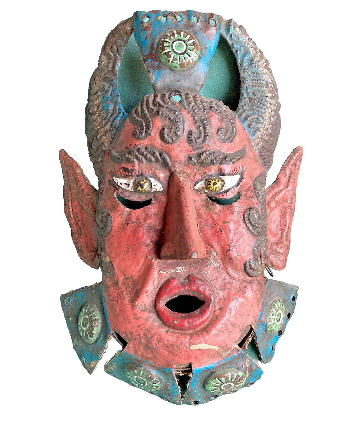 Large Vintage Mexican Copper Metal Mask Folk Art Guerrero Viejito Old