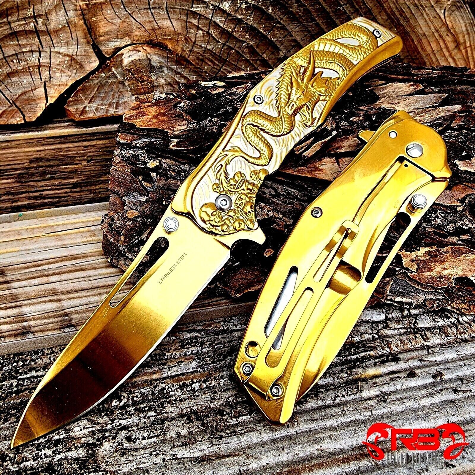 8” Gold Dragon Knife Tactical Spring Assisted Open Blade Folding Pocket Knife