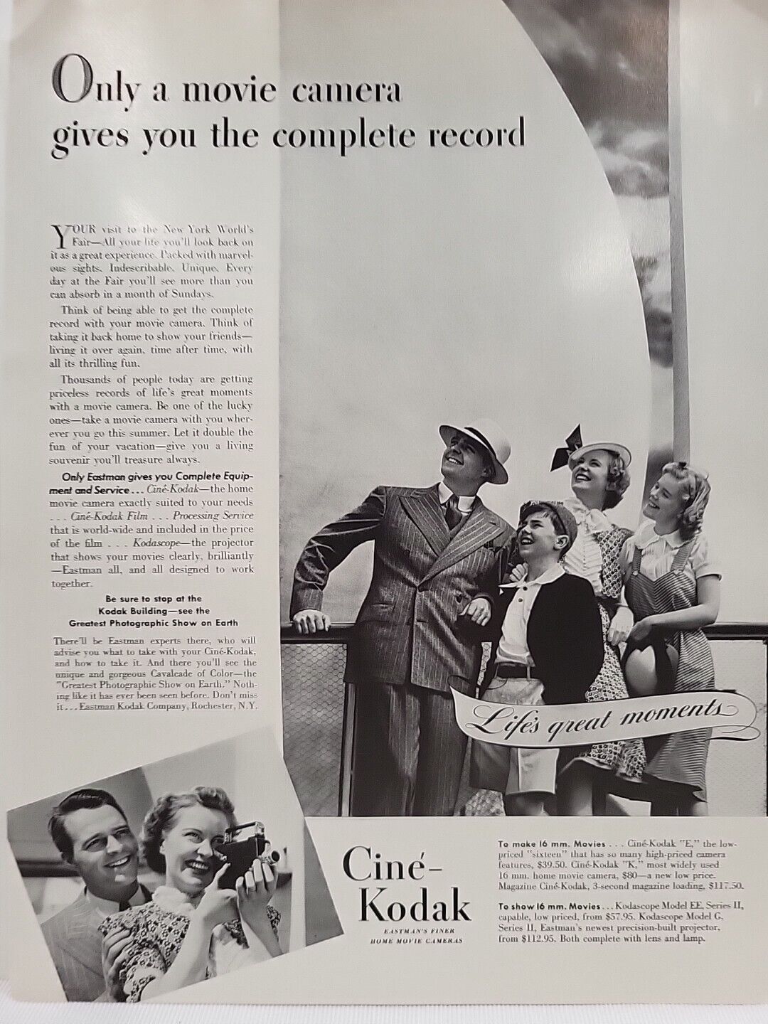1939 Cine Kodak Fortune Print Advertising Home Movies Camera Vacation Family