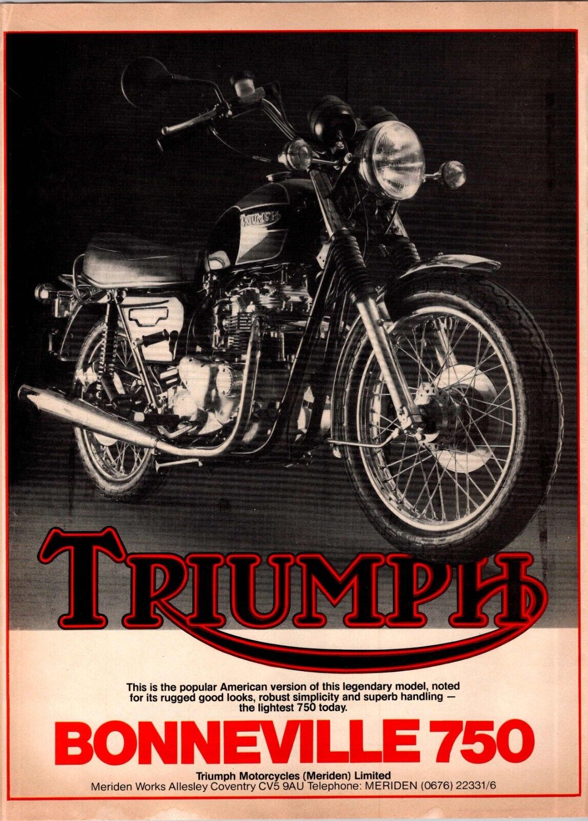 Triumph Bonneville 750 Original Vintage A4 Print Ad Circa 1984