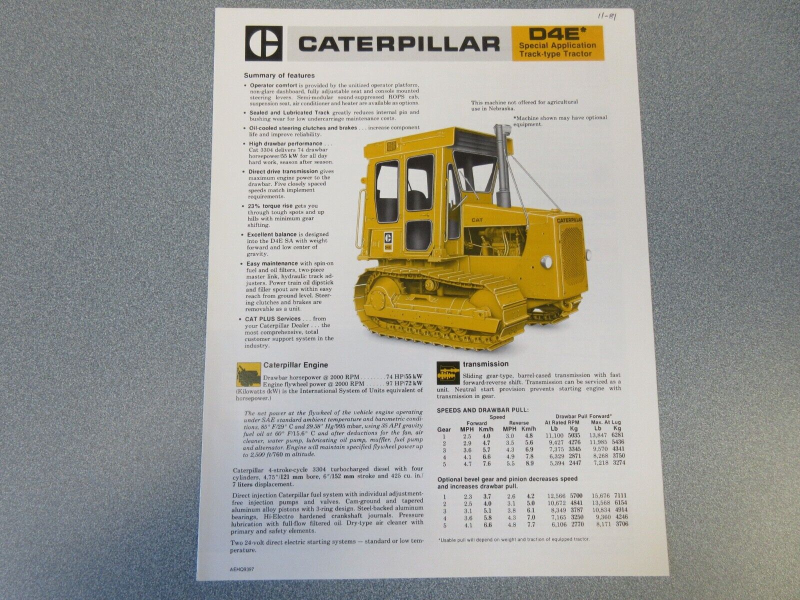 Caterpillar D4E Crawler Special Application Brochure 4 Page Good Condition