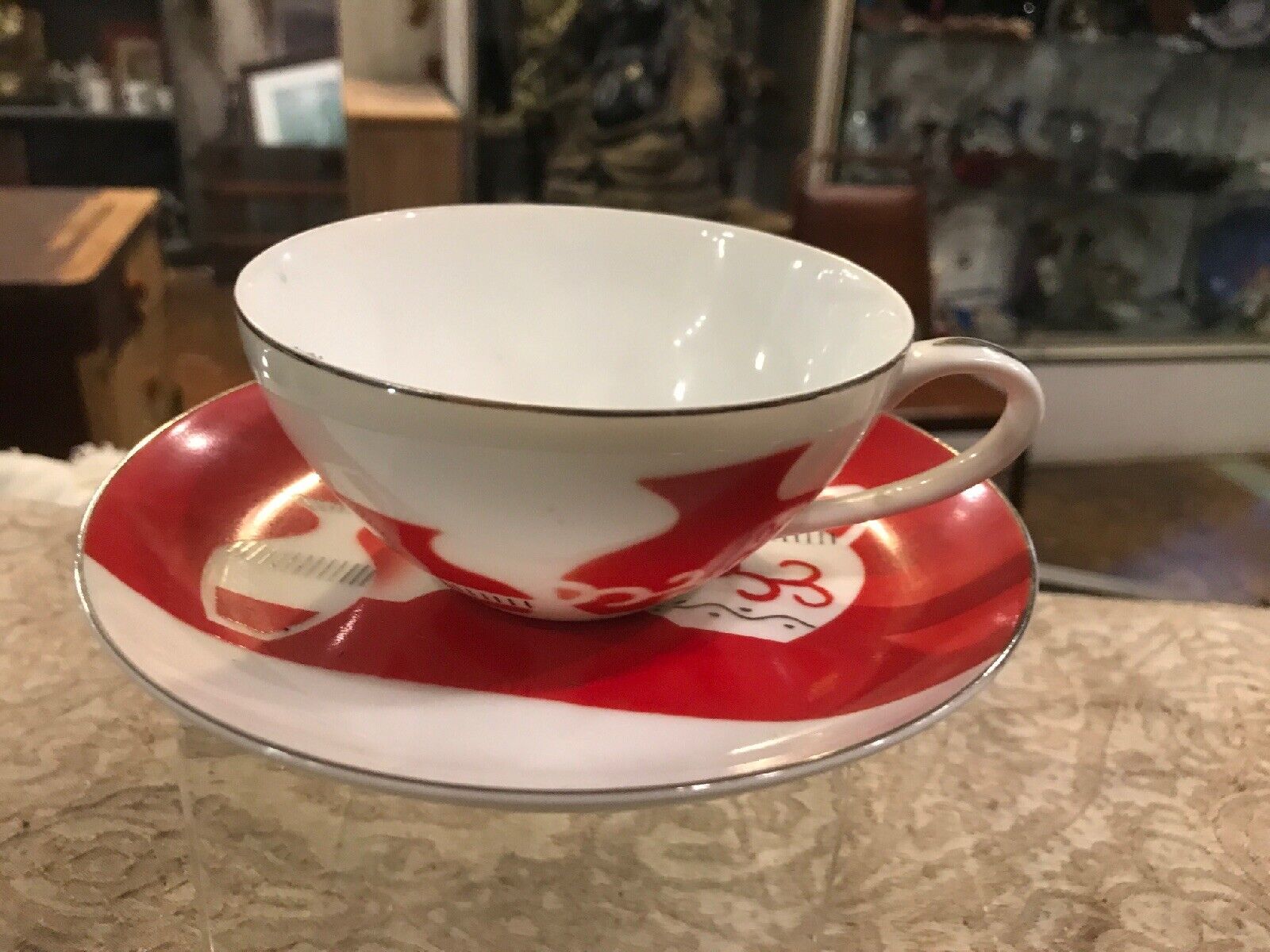 Vintage Antique  Red Mid Century Modern Teacup Saucer Set Bohemian Boho Tea Cup