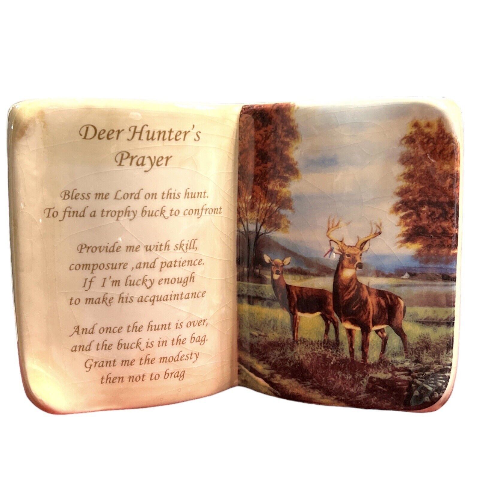 Deer Hunters’ Prayer  Vintage Ceramic Open Book Vintage Glossy Gift