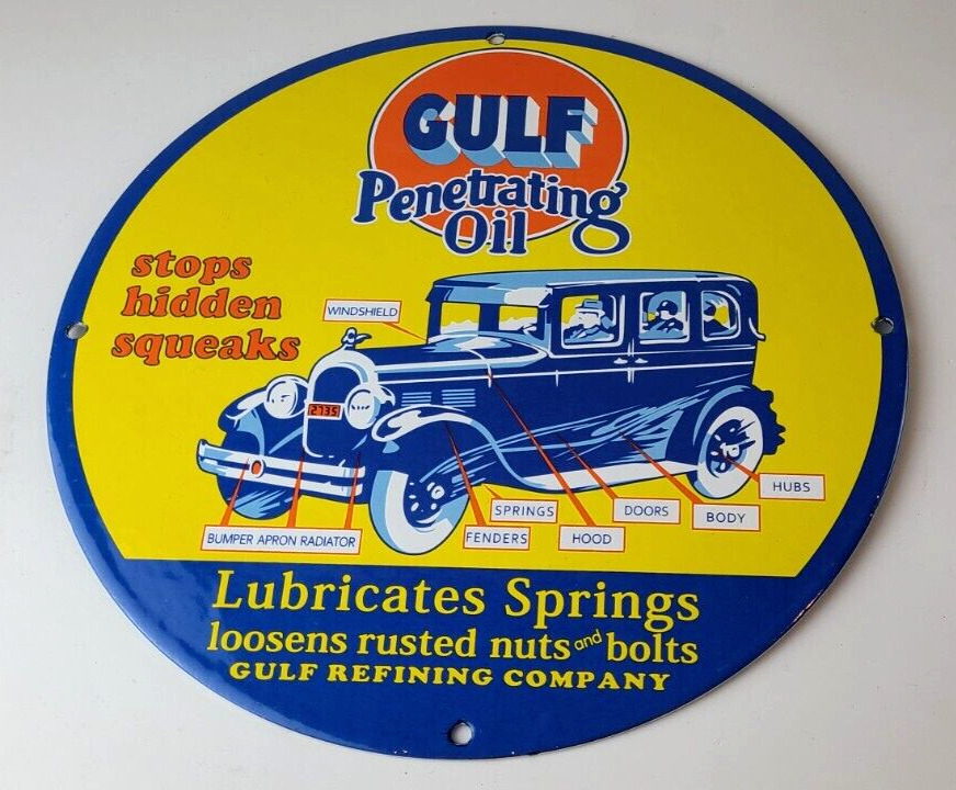 Vintage Gulf Gasoline Sign - Porcelain Enamel Penetrating Oil Gas Station Sign