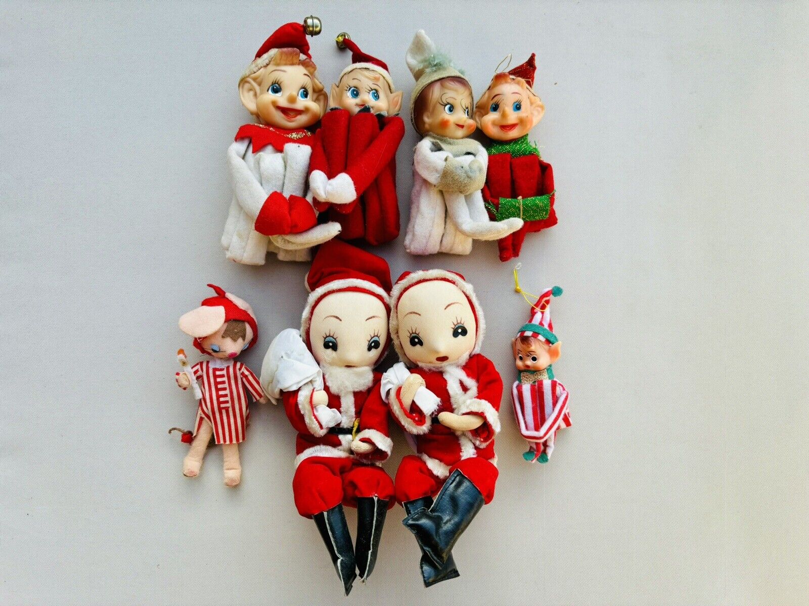 8 Vintage Knee Hugger Pixie Elves Christmas Tree Ornaments Japan