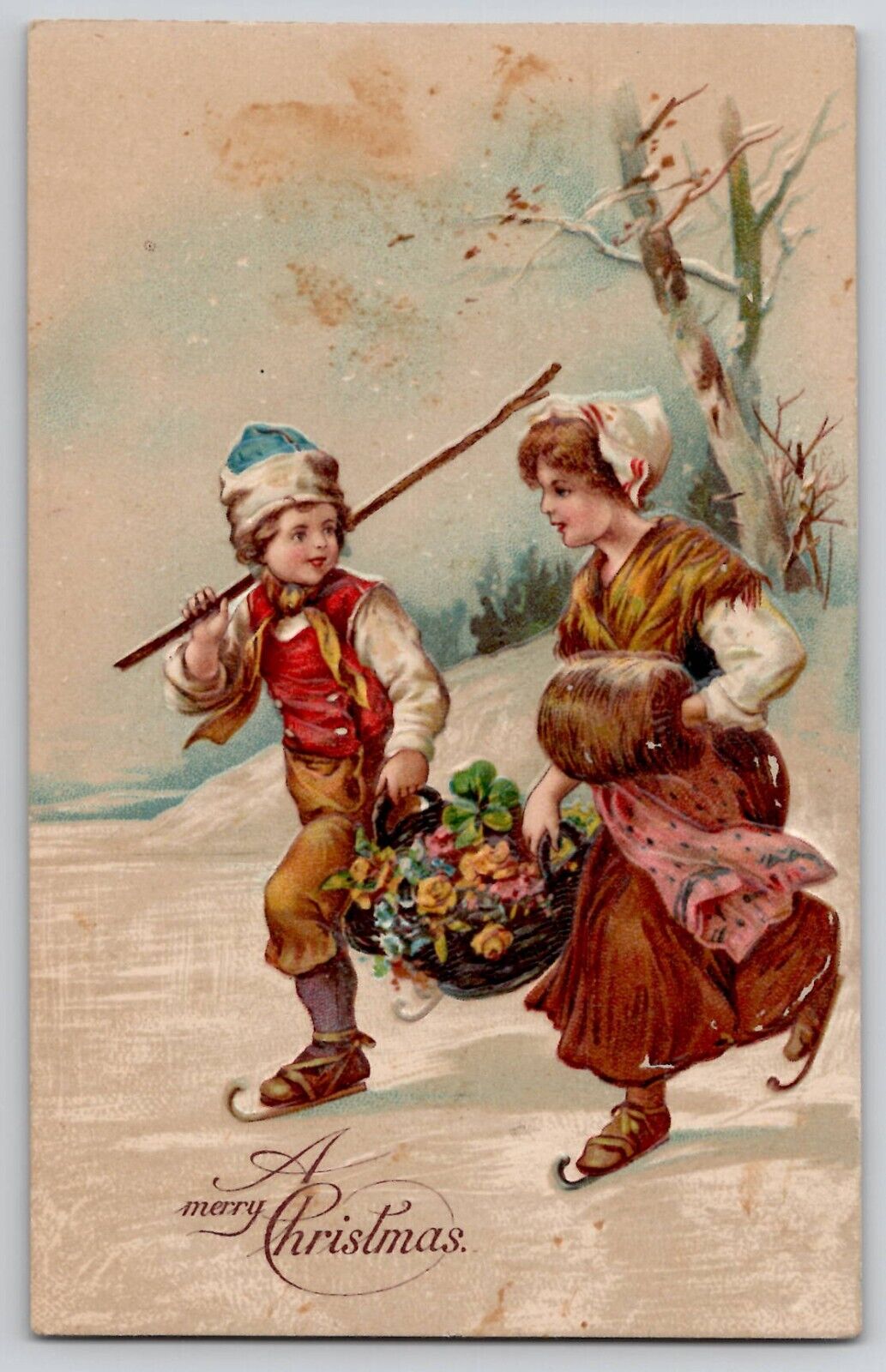 Merry Christmas Dutch Boy Girl Skating Flower Basket Embossed Postcard 1910s