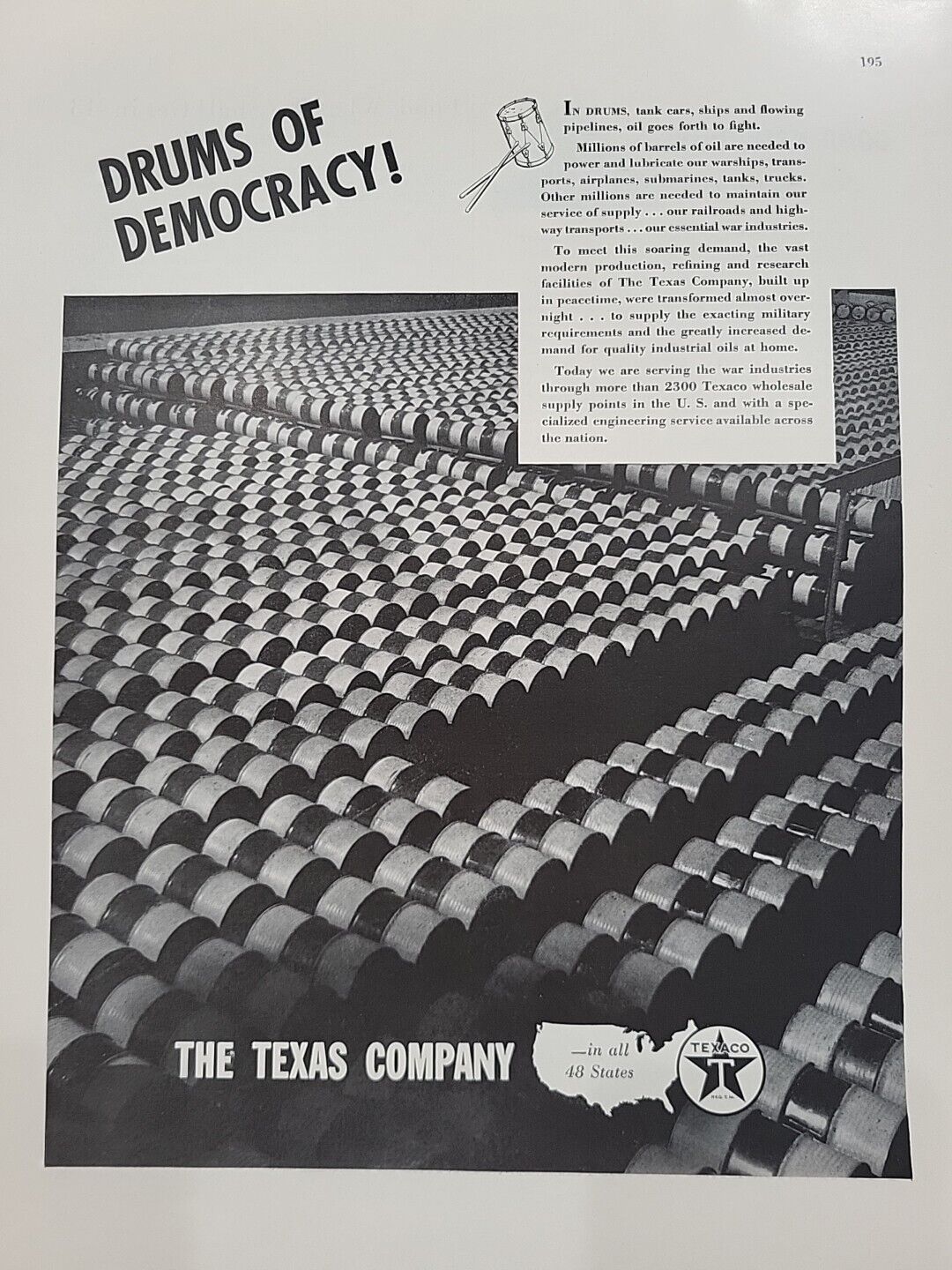 1942 The Texas Company Texaco Gasoline Fortune WW2 Print Ad War Barrels Drums