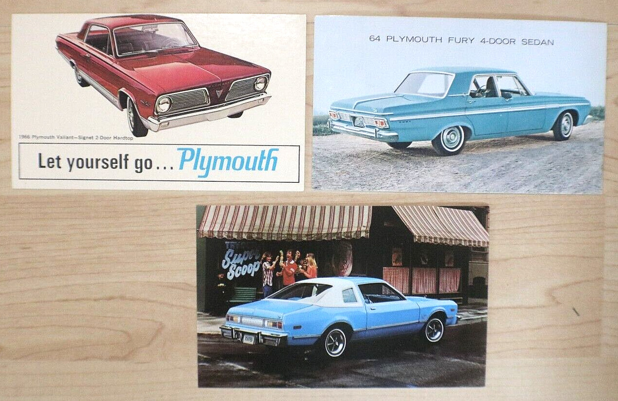 1964 plymouth fury 4 dr 1966 plymouth valiant 2 dr 1978 volare dealer post cards