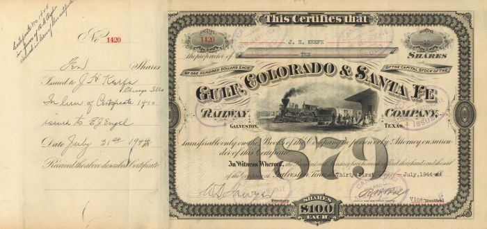 Gulf, Colorado and Sante Fe Railway Co. - Stock Certificate - Railroad Stocks