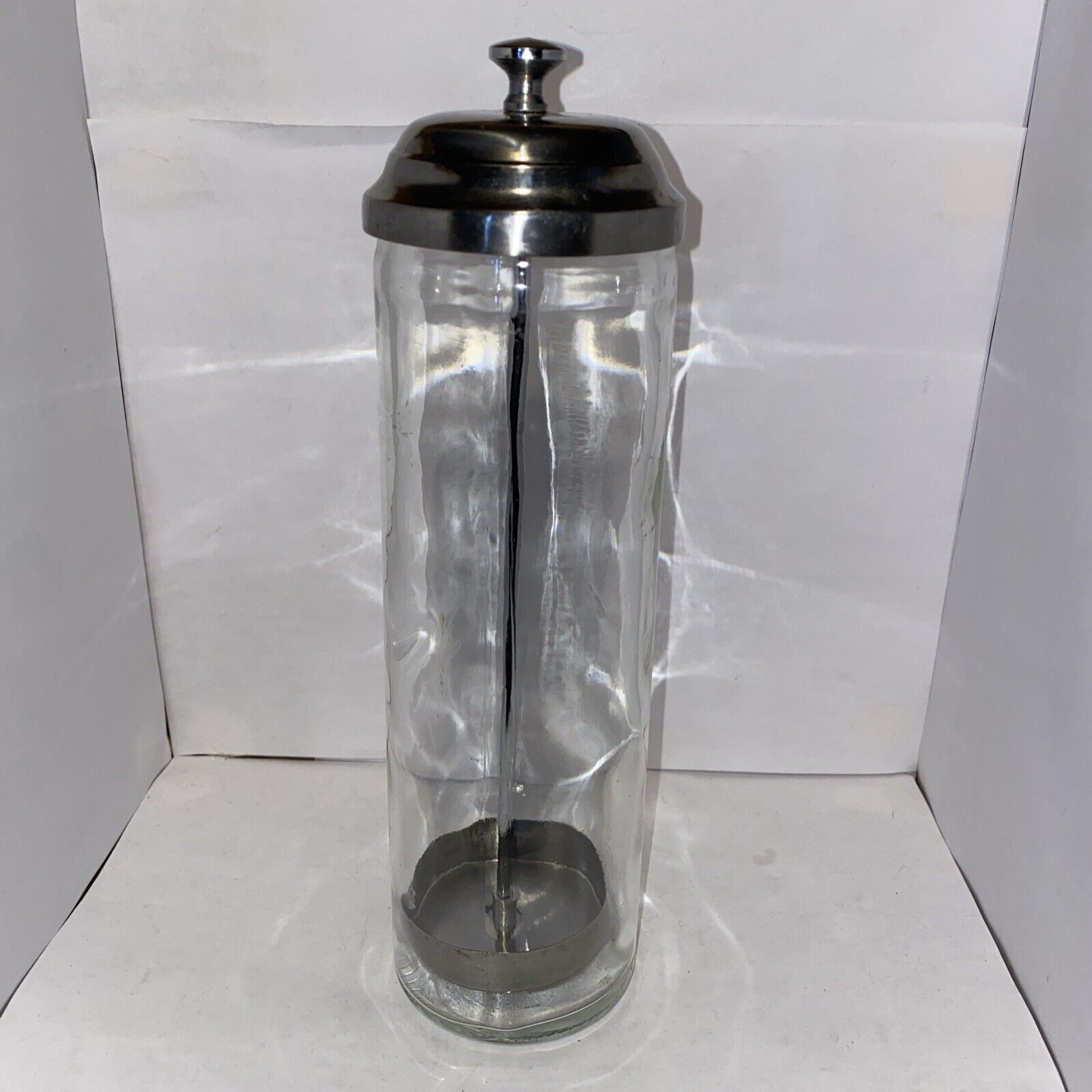 Vintage Glass Straw Comb Holder Dispenser Metal Chrome Lid Heavy Glass Body