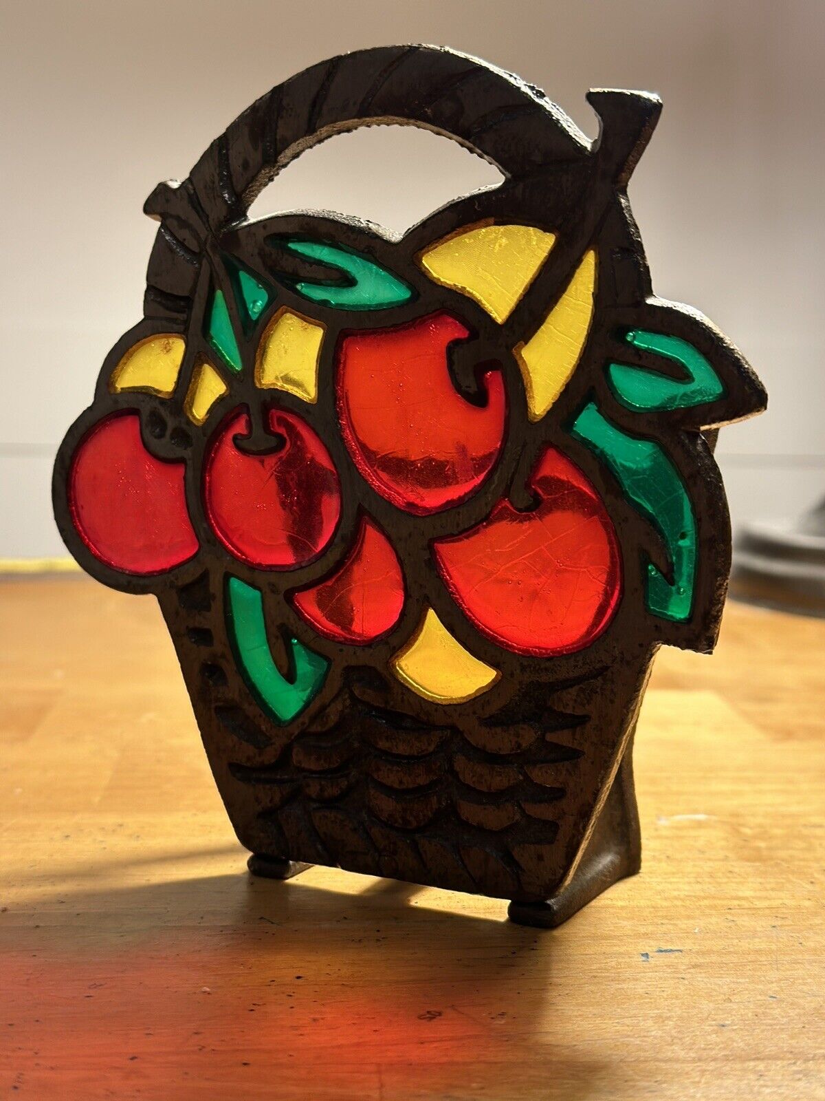 Vintage Stained Glass Napkin Holder Cherry Fruit Basket