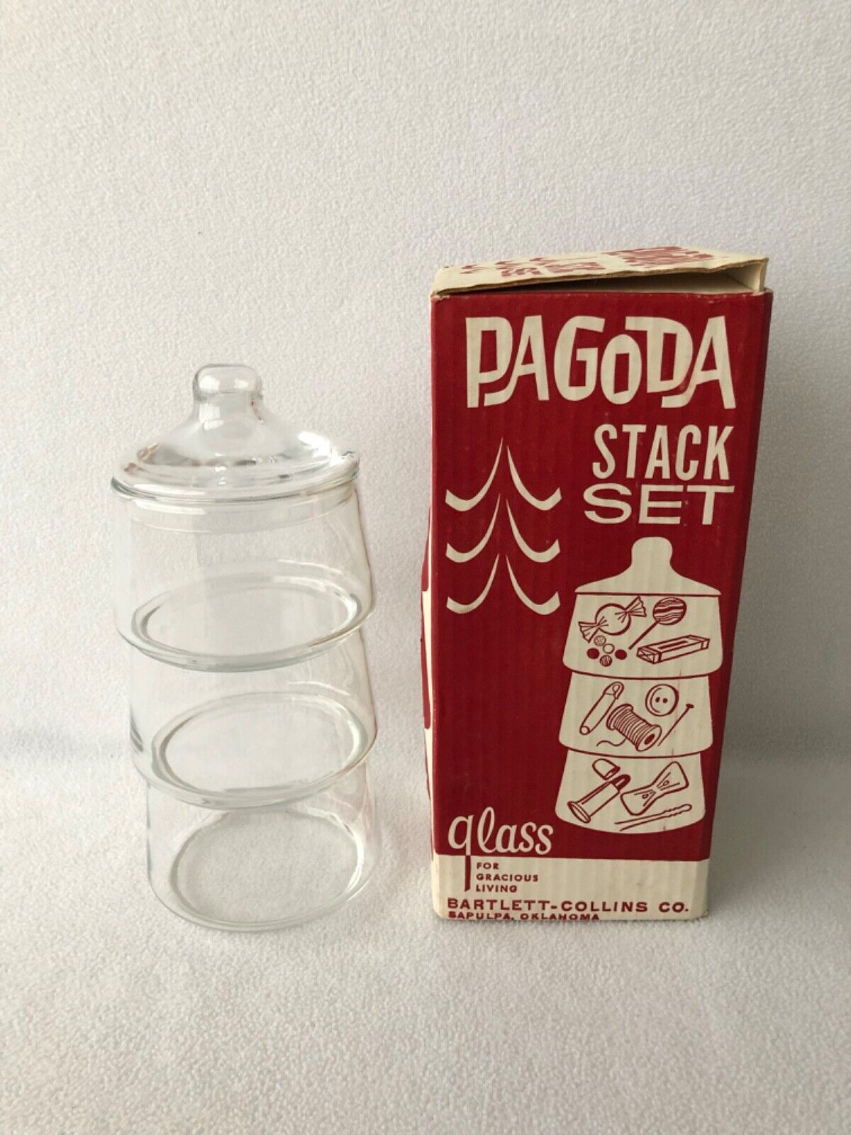 Vintage Bartlett Collins Clear Glass Pagoda Stack Set Candy Nuts Snacks NOS